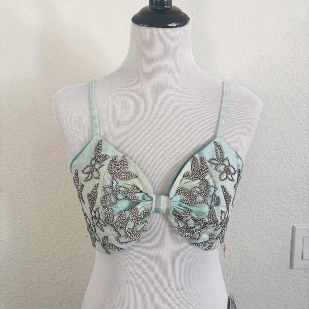 La Fuori Bralette Crop Top Womens Small Mint Green Plaid Rhinestone Embellished